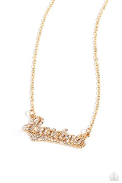 HOME RUN HAUTE - GOLD RHINESTONE BASEBALL SPORTS SHORT NECKLACE - PAPARAZZI