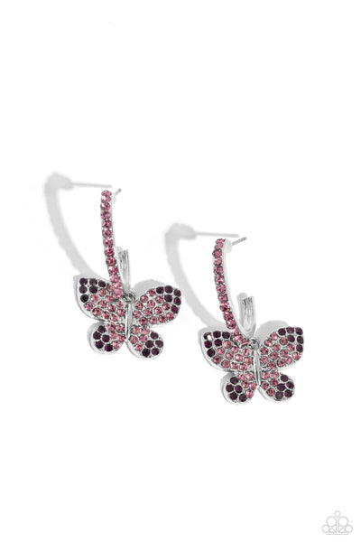 WHIMSICAL WALTZ - PURPLE AND PINK RHINESTONE SILVER BUTTERFLY HOOP EARRINGS - PAPARAZZI