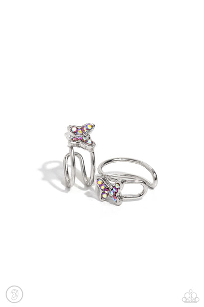 SOARING SIDEWAYS - PINK RHINESTONE SILVER BUTTERFLY EAR CUFF EARRINGS - PAPARAZZI