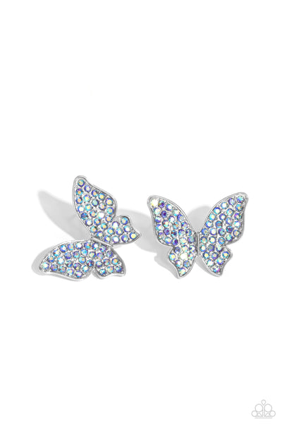 HIGH LIFE - BLUE IRIDESCENT RHINESTONE SILVER BUTTERFLY POST EARRINGS - PAPARAZZI