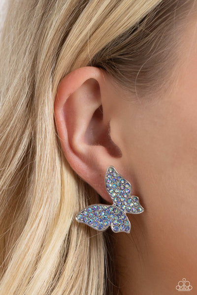 HIGH LIFE - BLUE IRIDESCENT RHINESTONE SILVER BUTTERFLY POST EARRINGS - PAPARAZZI