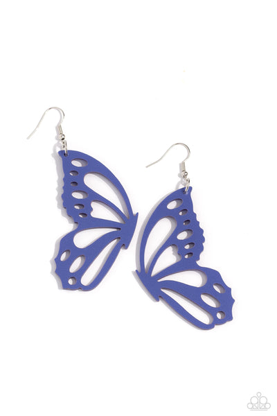 WING OF THE WORLD - BLUE METALLIC BUTTERFLY WING EARRINGS - PAPARAZZI