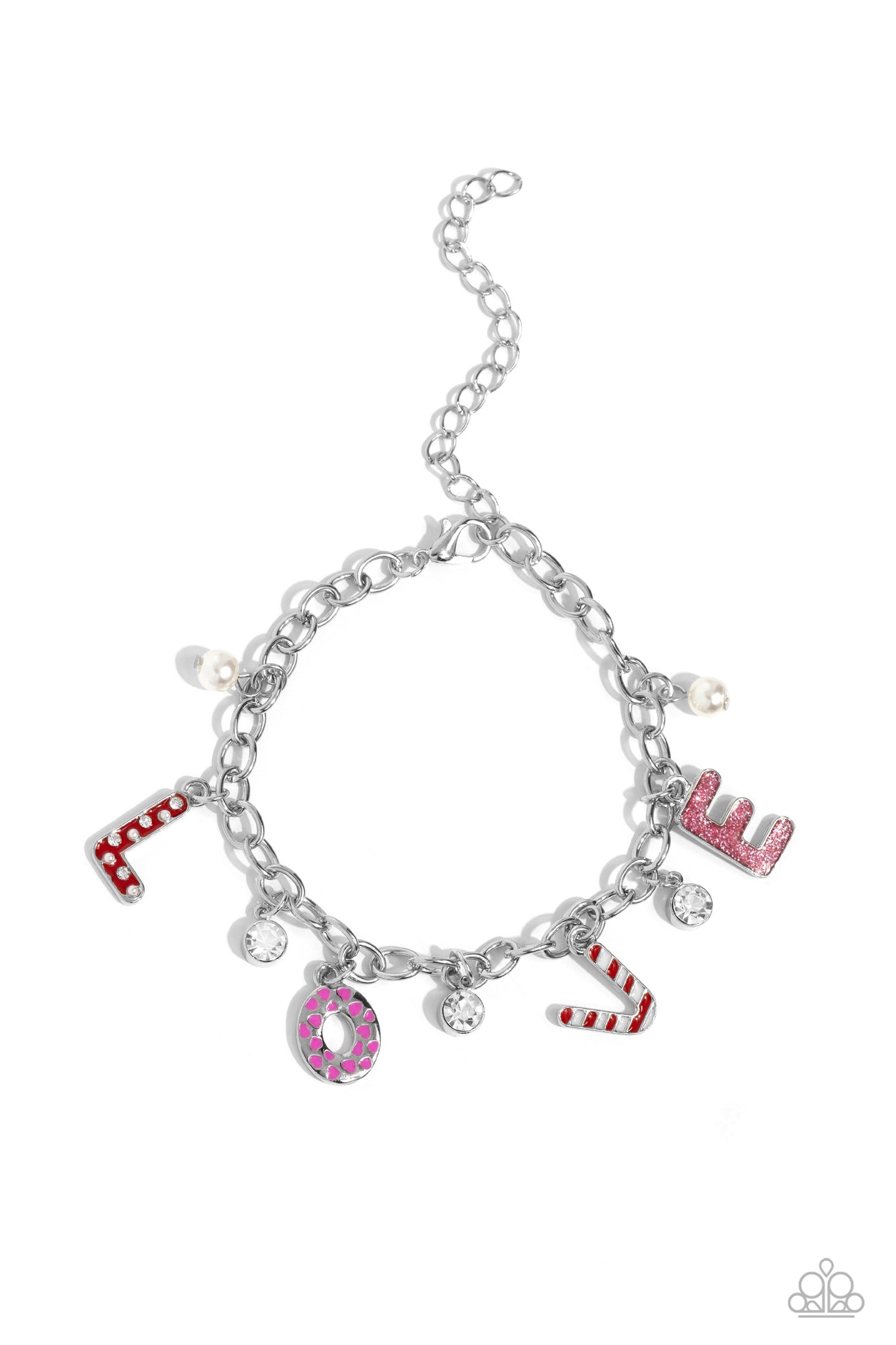LOVESTRUCK LEISURE - RED GLITTER WHITE PEARL PINK LOVE SILVER BRACELET - PAPARAZZI