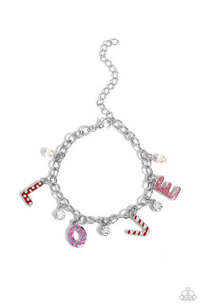 LOVESTRUCK LEISURE - RED GLITTER WHITE PEARL PINK LOVE SILVER BRACELET - PAPARAZZI