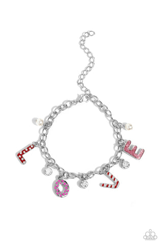 LOVESTRUCK LEISURE - RED GLITTER WHITE PEARL PINK LOVE SILVER BRACELET - PAPARAZZI