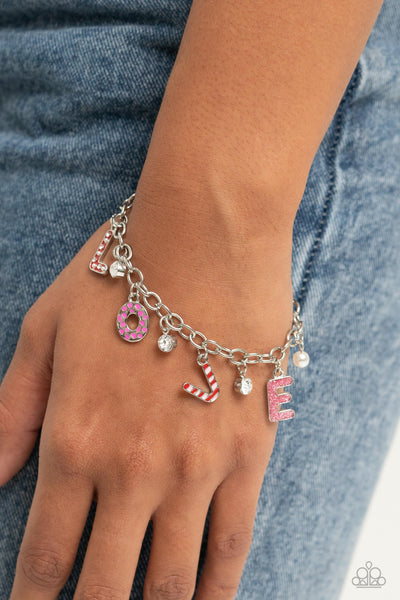 LOVESTRUCK LEISURE - RED GLITTER WHITE PEARL PINK LOVE SILVER BRACELET - PAPARAZZI