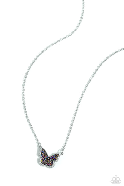 SEIZE THE SMOLDER - MULTI OIL SPILL DRUZY SILVER BUTTERFLY SHORT NECKLACE - PAPARAZZI