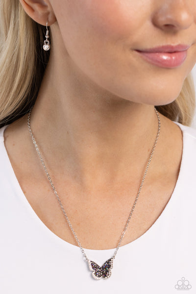 SEIZE THE SMOLDER - MULTI OIL SPILL DRUZY SILVER BUTTERFLY SHORT NECKLACE - PAPARAZZI