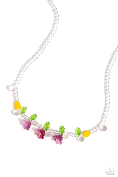 WORLD GLASS WONDER - PINK FLOWER CLEAR BEAD SHORT NECKLACE - PAPARAZZI
