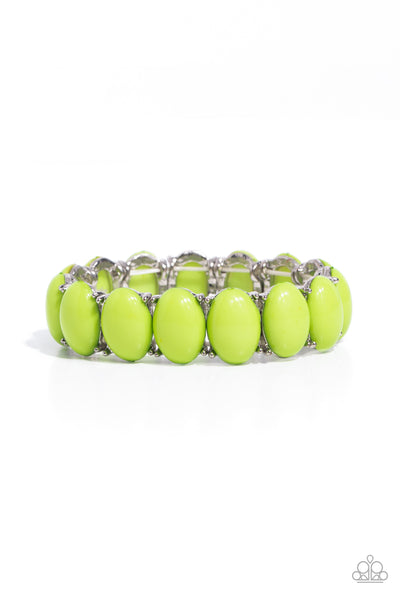 STARTING OVAL - GREEN BEAD SILVER STRETCHY BRACELET - PAPARAZZI