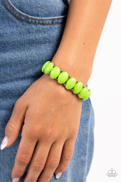 STARTING OVAL - GREEN BEAD SILVER STRETCHY BRACELET - PAPARAZZI