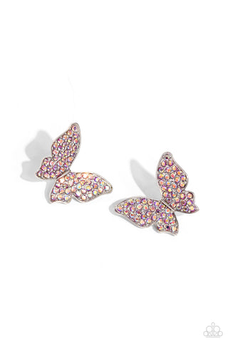 HIGH LIFE - PINK IRIDESCENT RHINESTONE SILVER BUTTERFLY POST EARRINGS - PAPARAZZI