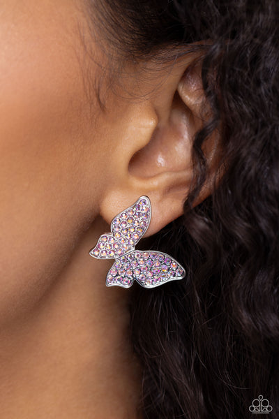 HIGH LIFE - PINK IRIDESCENT RHINESTONE SILVER BUTTERFLY POST EARRINGS - PAPARAZZI