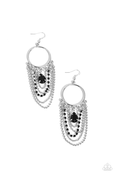 CASCADING CLASH - BLACK RHINESTONE SILVER CHAIN EARRINGS - PAPARAZZI