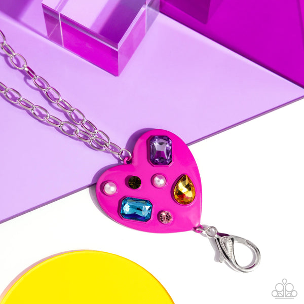 CANDID COMPILATION - PINK HEART MULTI COLOR GEM SILVER LANYARD NECKLACE - PAPARAZZI
