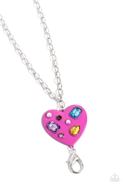 CANDID COMPILATION - PINK HEART MULTI COLOR GEM SILVER LANYARD NECKLACE - PAPARAZZI