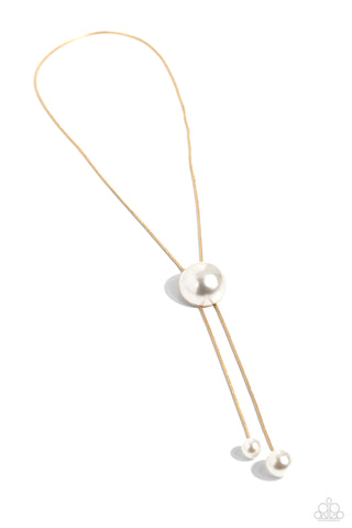 CORPORATE COUTURE - GOLD SNAKE CHAIN WHITE PEARL BOLO SLIDE NECKLACE - PAPARAZZI