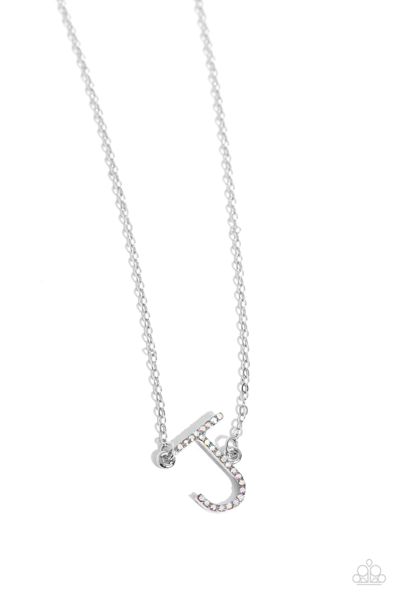 INITIALLY YOURS - J - MULTI IRIDESCENT RHINESTONE SILVER LETTER SHORT NECKLACE - PAPARAZZI