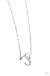 INITIALLY YOURS - J - MULTI IRIDESCENT RHINESTONE SILVER LETTER SHORT NECKLACE - PAPARAZZI