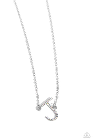 INITIALLY YOURS - J - MULTI IRIDESCENT RHINESTONE SILVER LETTER SHORT NECKLACE - PAPARAZZI