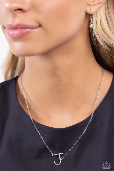 INITIALLY YOURS - J - MULTI IRIDESCENT RHINESTONE SILVER LETTER SHORT NECKLACE - PAPARAZZI