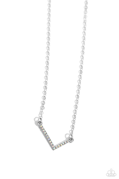 INITIALLY YOURS - L - MULTI IRIDESCENT RHINESTONE SILVER LETTER SHORT NECKLACE - PAPARAZZI