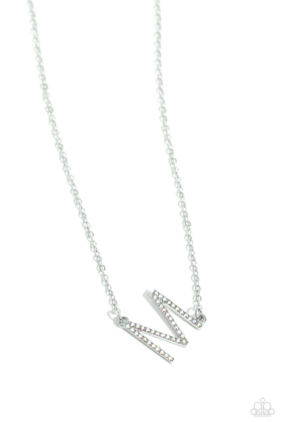INITIALLY YOURS - M - MULTI IRIDESCENT RHINESTONE SILVER LETTER SHORT NECKLACE - PAPARAZZI