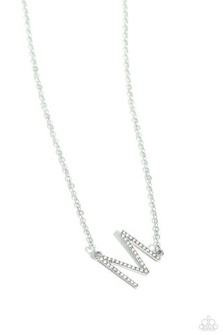 INITIALLY YOURS - M - MULTI IRIDESCENT RHINESTONE SILVER LETTER SHORT NECKLACE - PAPARAZZI