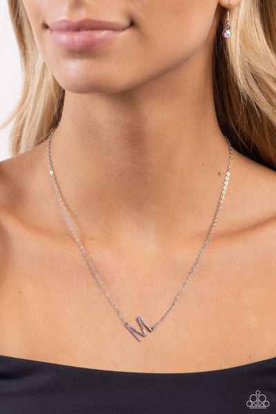 INITIALLY YOURS - M - MULTI IRIDESCENT RHINESTONE SILVER LETTER SHORT NECKLACE - PAPARAZZI