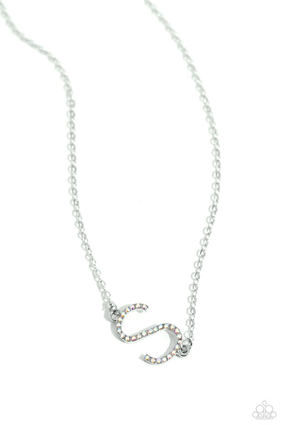 INITIALLY YOURS - S - MULTI IRIDESCENT RHINESTONE SILVER LETTER SHORT NECKLACE - PAPARAZZI