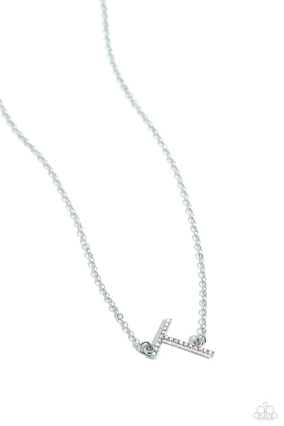 INITIALLY YOURS - T - MULTI IRIDESCENT RHINESTONE SILVER LETTER SHORT NECKLACE - PAPARAZZI