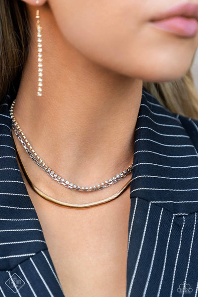 I SQUARE FOR YOU - GOLD FLAT CHAIN SILVER WITH RHINESTONE MIXED METAL SHORT NECKLACE - PAPARAZZI - FASHION FIX FEBRUARY 2024