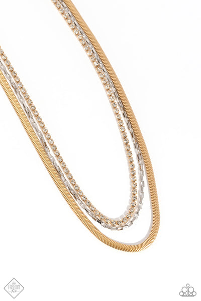 I SQUARE FOR YOU - GOLD FLAT CHAIN SILVER WITH RHINESTONE MIXED METAL SHORT NECKLACE - PAPARAZZI - FASHION FIX FEBRUARY 2024