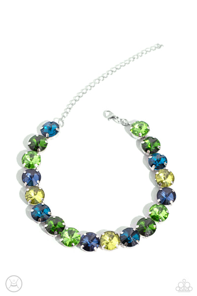 ALLURING A-LISTER - GREEN AND BLUE GEM SILVER CHOKER NECKLACE - PAPARAZZI