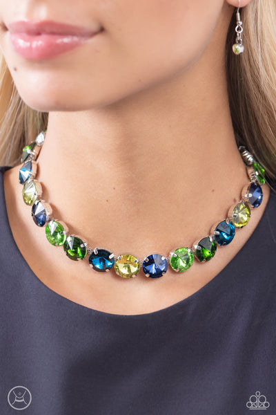 ALLURING A-LISTER - GREEN AND BLUE GEM SILVER CHOKER NECKLACE - PAPARAZZI