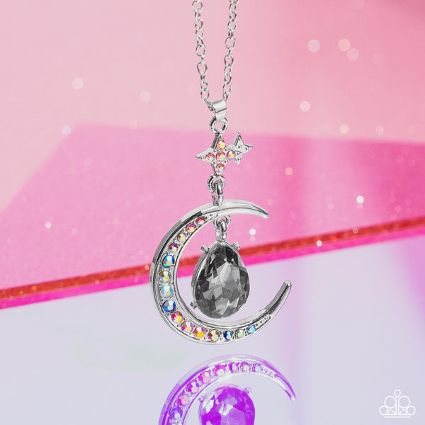 TALKING TO THE MOON - SILVER GEM MULTICOLOR RHINESTONE MOON AND STAR LONG NECKLACE - PAPARAZZI