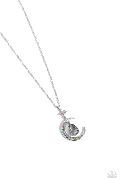 TALKING TO THE MOON - SILVER GEM MULTICOLOR RHINESTONE MOON AND STAR LONG NECKLACE - PAPARAZZI
