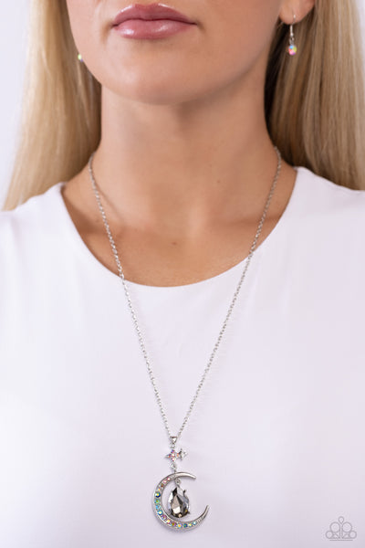 TALKING TO THE MOON - SILVER GEM MULTICOLOR RHINESTONE MOON AND STAR LONG NECKLACE - PAPARAZZI