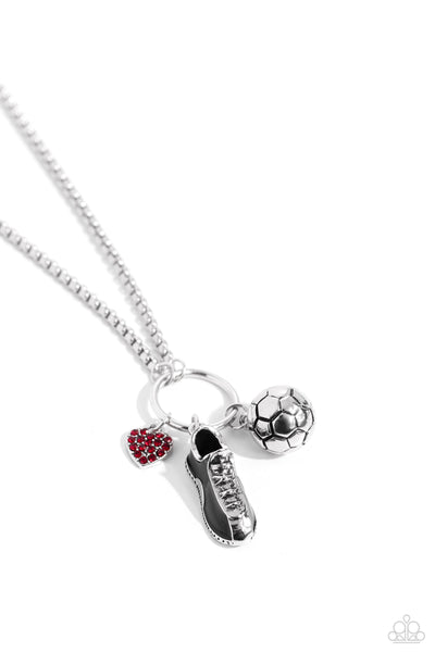 CORNER KICK - RED CHARM SOCCER THEME NECKLACE - PAPARAZZI