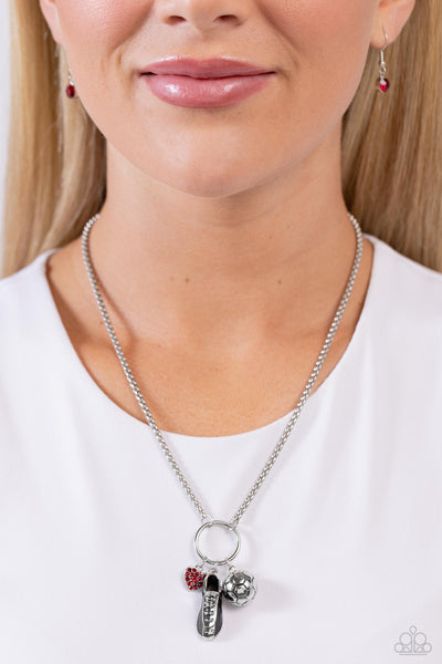 CORNER KICK - RED CHARM SOCCER THEME NECKLACE - PAPARAZZI