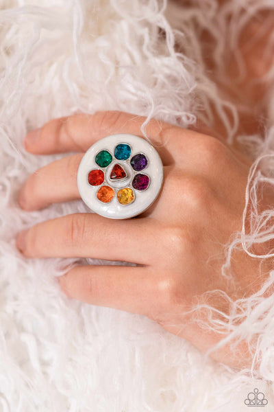 CAPTIVATING CENTERPIECE - MULTI COLOR GEM WHITE SILVER RING - PAPARAZZI - LIFE OF THE PARTY FEBRUARY 2024