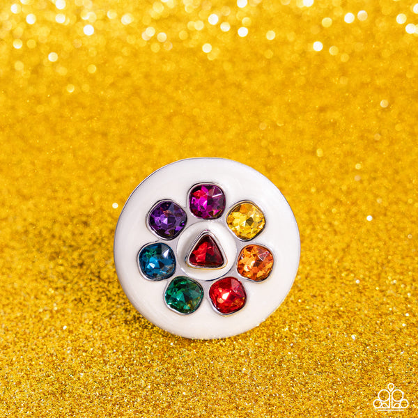 CAPTIVATING CENTERPIECE - MULTI COLOR GEM WHITE SILVER RING - PAPARAZZI - LIFE OF THE PARTY FEBRUARY 2024