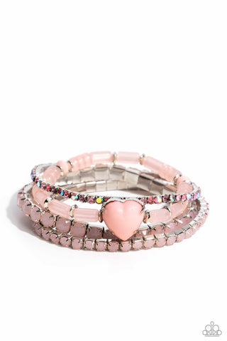 TRUE LOVES THEME - PINK HEART IRIDESCENT RHINESTONE SILVER STRETCHY BRACELET SET - PAPARAZZI - LIFE OF THE PARTY FEBRUARY 2024