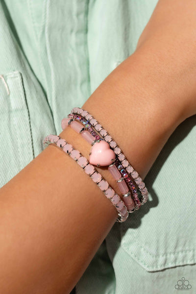TRUE LOVES THEME - PINK HEART IRIDESCENT RHINESTONE SILVER STRETCHY BRACELET SET - PAPARAZZI - LIFE OF THE PARTY FEBRUARY 2024