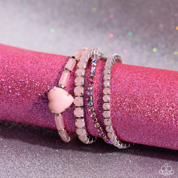 TRUE LOVES THEME - PINK HEART IRIDESCENT RHINESTONE SILVER STRETCHY BRACELET SET - PAPARAZZI - LIFE OF THE PARTY FEBRUARY 2024