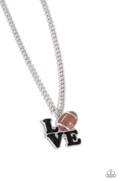 TENDER TOUCHDOWN - BROWN FOOTBALL LOVE SILVER SHORT NECKLACE - PAPARAZZI