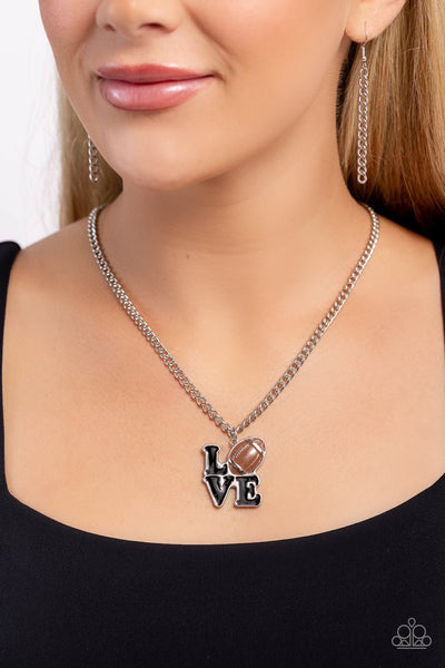 TENDER TOUCHDOWN - BROWN FOOTBALL LOVE SILVER SHORT NECKLACE - PAPARAZZI