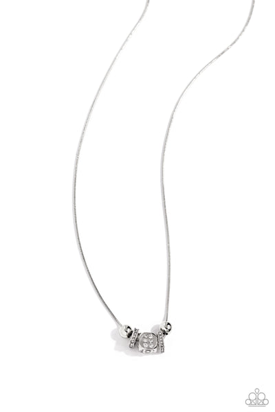 ROLLING THE DICE - WHITE RHINESTONE SILVER DICE SHORT NECKLACE - PAPARAZZI