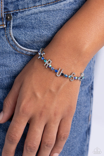 I WILL TRUST IN YOU - BLUE RHINESTONE SILVER TRUST INSPIRATIONAL BRACELET - PAPARAZZI