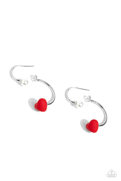 ROMANTIC REPRESENTATIVE - RED HEART WHITE PEARL SILVER JACKET EARRINGS - PAPARAZZI